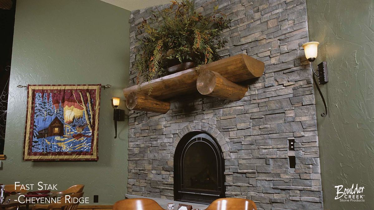 Manufactured Stone Veneer Fireplace with Wood Mantle